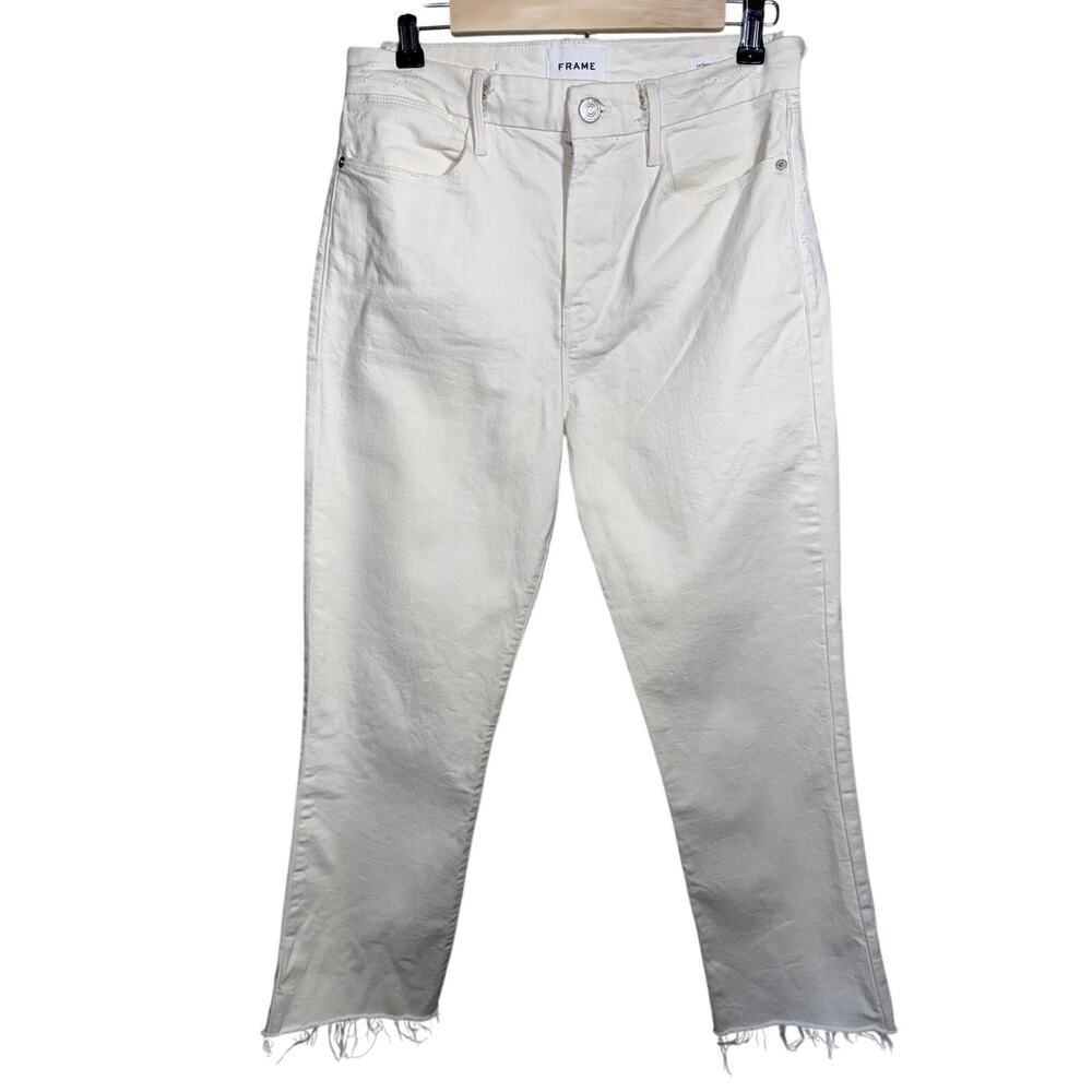 FRAME Women's Le Super High Straight Distressed Cropped Denim Jeans White 29